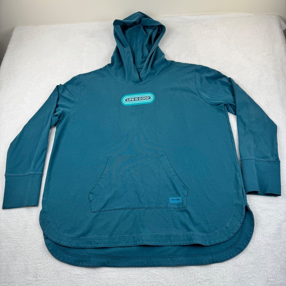 Life is Good Hoodie Womens XXL Teal Blue Crusher-Flex Pullover‎ Graphic Pocket
